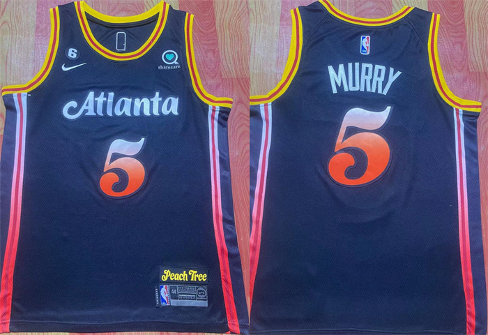 Men's Atlanta Hawks #5 Dejounte Murray Black 2022/23 City Edition With NO.6 Patch Stitched Jersey